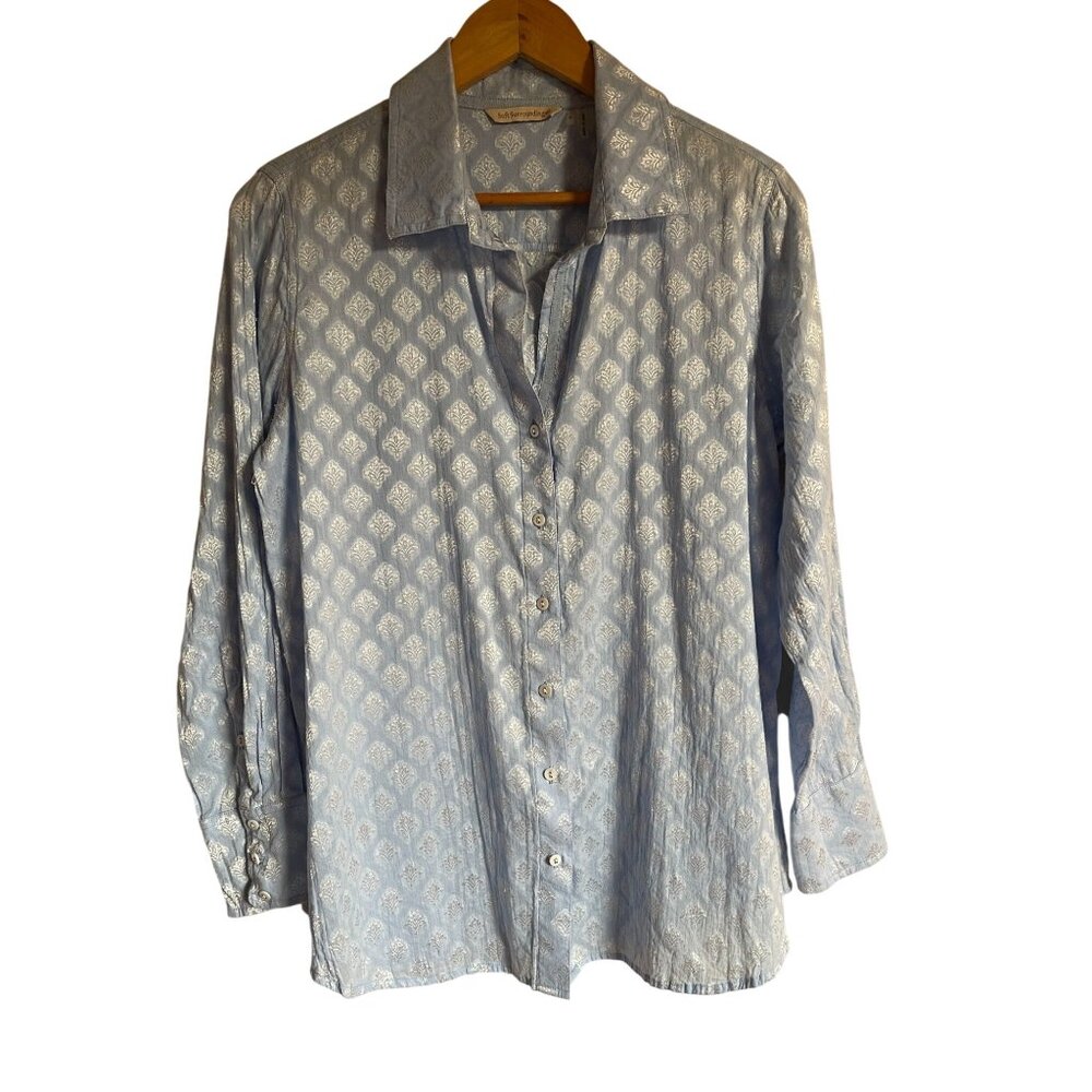 Soft Surroundings Size S Blue Collared Metallic Embroidered Jacquard Shirt Butto